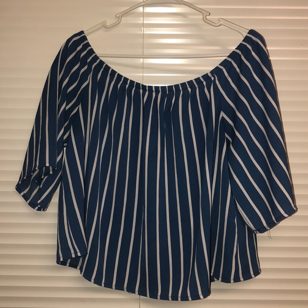 blue and white striped off the shoulder shirt